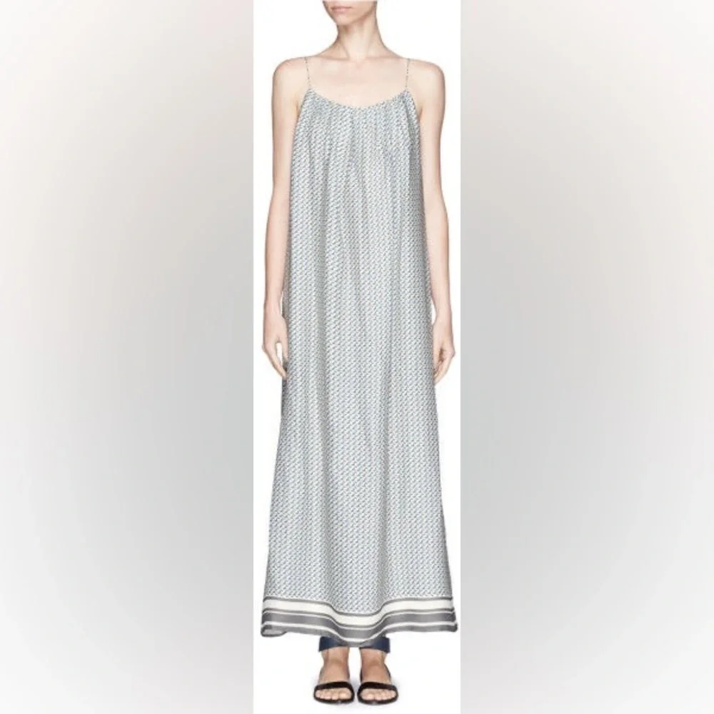 VINCE MAXI 100% SILK DRESS STAR PRINT BORDER CHARCOAL SPAGHETTI STRAP SZ S - Picture 1 of 9